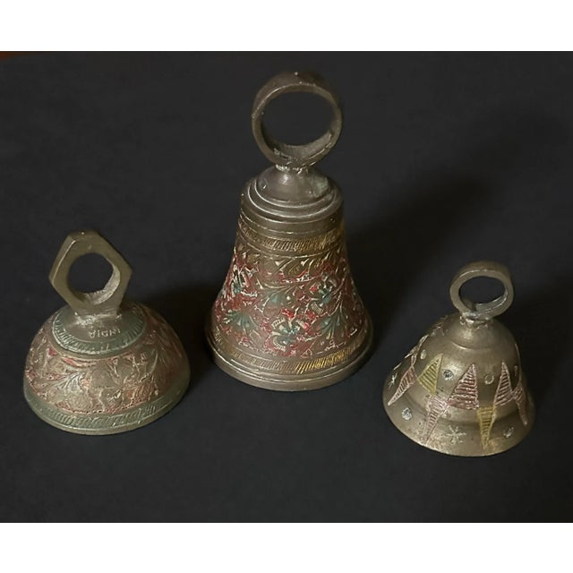 Indian Vintage Mid 20th Century Brass & Cloisonné Bells- Set of 3 For Sale - Image 3 of 10