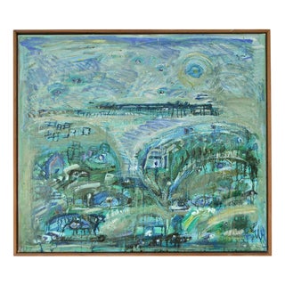 Mette Birckner, Abstract Impressionist Turquoise Town with Animals, 2018, Oil on Canvas For Sale