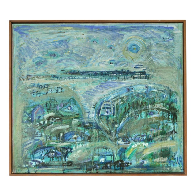 Mette Birckner, Abstract Impressionist Turquoise Town with Animals, 2018, Oil on Canvas For Sale