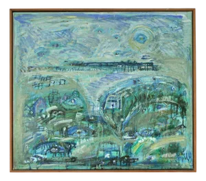 Mette Birckner, Abstract Impressionist Turquoise Town with Animals, 2018, Oil on Canvas