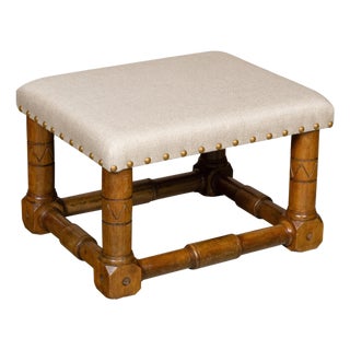 English Oak 1900s Stool with Incised Accents and Custom Upholstery For Sale