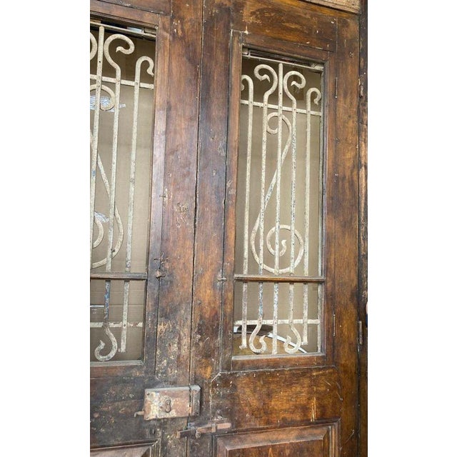 Brown Antique French Painted Double Entry Doors With Transom Wood and Wrought Iron For Sale - Image 8 of 18