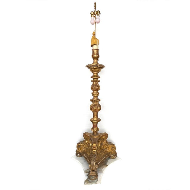 Large Spanish Baroque Giltwood and Marble Torchiere Two-Light Floor Lamp For Sale - Image 4 of 17