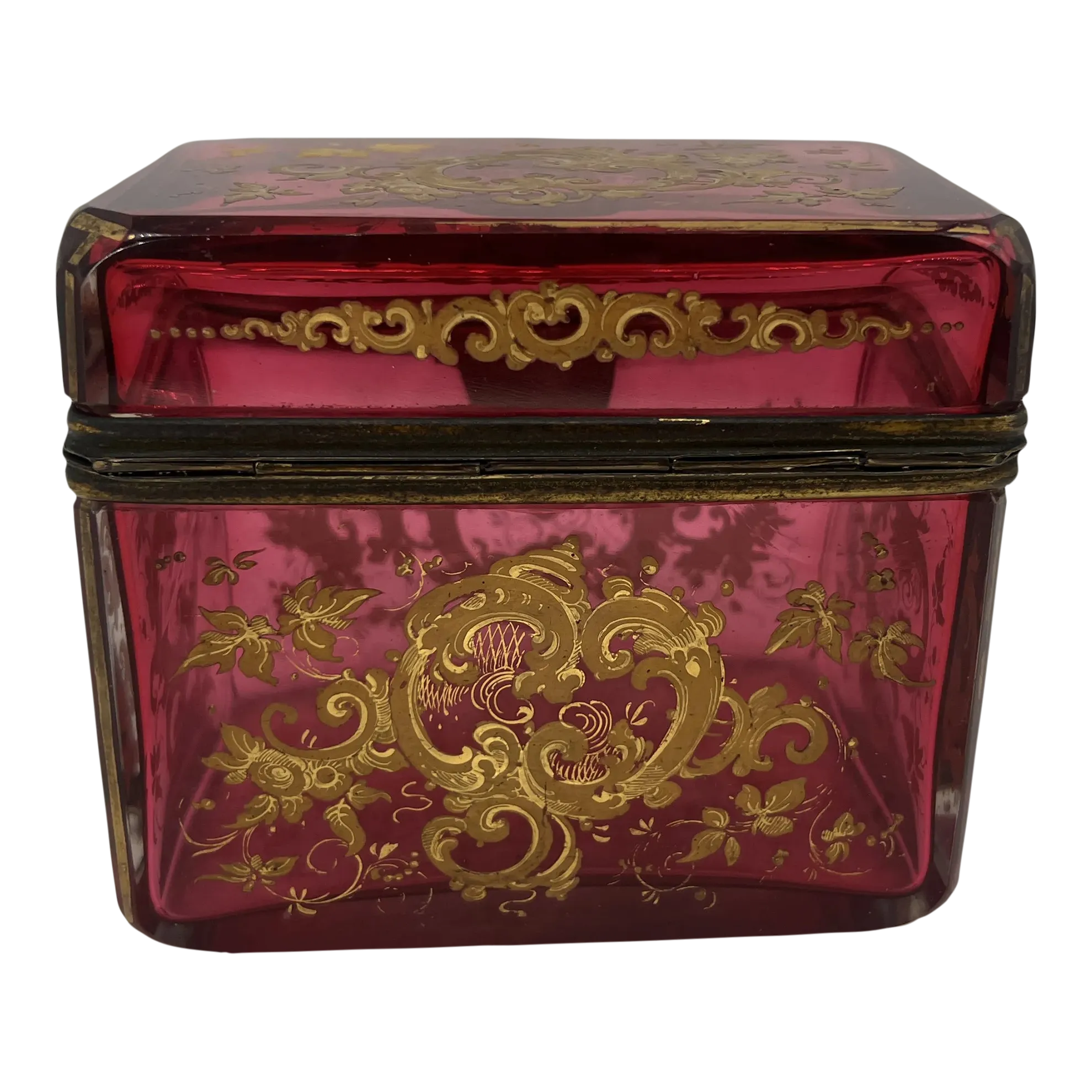 Antique Moser Cranberry Enameled & Ormolu Mounted Glass Casket Box