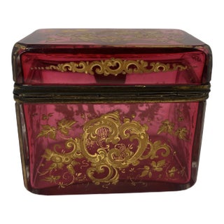 Antique Moser Cranberry Enameled & Ormolu Mounted Glass Casket Box For Sale