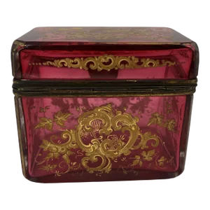 Antique Moser Cranberry Enameled & Ormolu Mounted Glass Casket Box