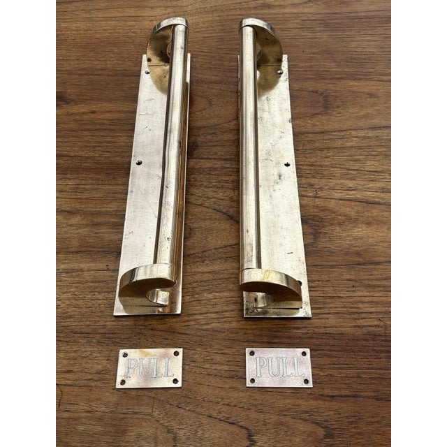 Large Pair Of Edwardian Brass Handles with Brass Pull Handles. Sizes :- handles :- 40.5 cms x 7 cms, pull signs 6.5 x 4...