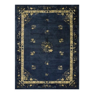 1900s Floral Deco Blue Navy Antique Chinese Peking Room Size Knotted Wool Rug For Sale