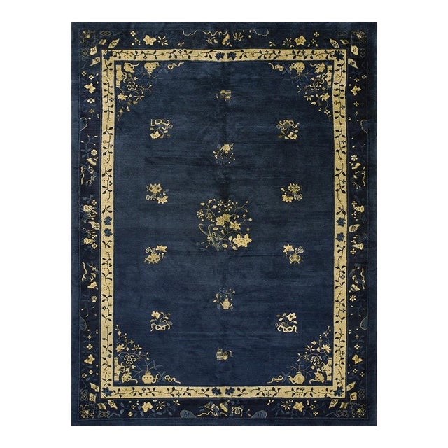 1900s Floral Deco Blue Navy Antique Chinese Peking Room Size Knotted Wool Rug For Sale