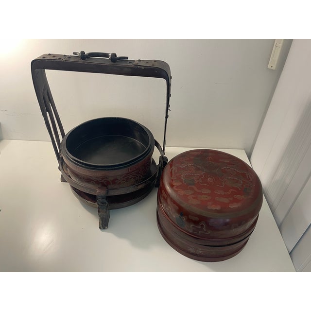Antique Chinese Red Lacquer & Gold Gilt 2-Tier Footed Wedding Basket For Sale In Los Angeles - Image 6 of 9
