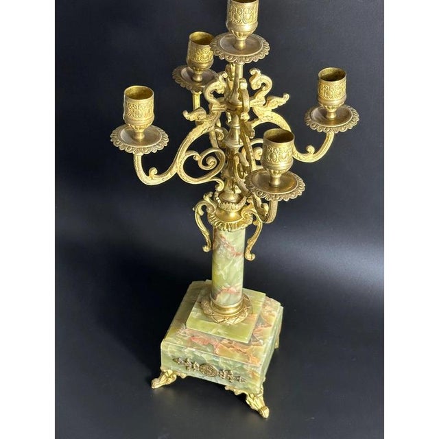 Gold Mid-19th Century Brass 4-Arm Candelabra with Onyx Bases For Sale - Image 8 of 11