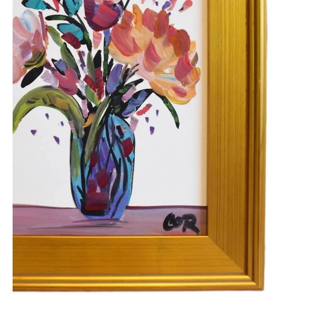 Impressionist Bouquet, of Flowers in Vase Oil Painting W/ Antiqued Gold Wood Frame For Sale - Image 4 of 7
