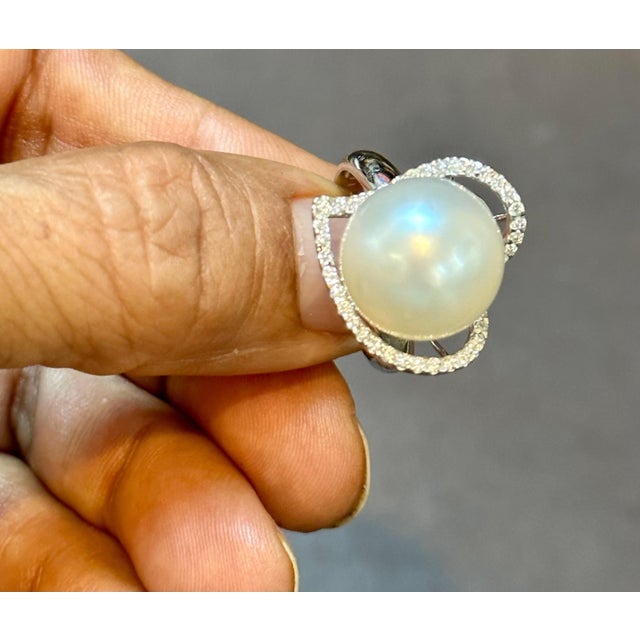 Gemstone 14MM Round White South Sea Pearl & Diamond Heart Ring , 18 K White Gold, Vintage For Sale - Image 7 of 18