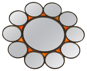Mid-Century Modern Round Sun-Shaped Backlit Metal and Orange Glass Wall Mirror, 1960s