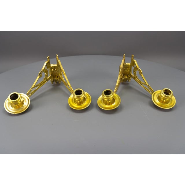 French Art Deco Brass Twin Arm Piano Candlestick Wall Lights by L. Pinet, 1930s, Set of 2 For Sale - Image 6 of 18