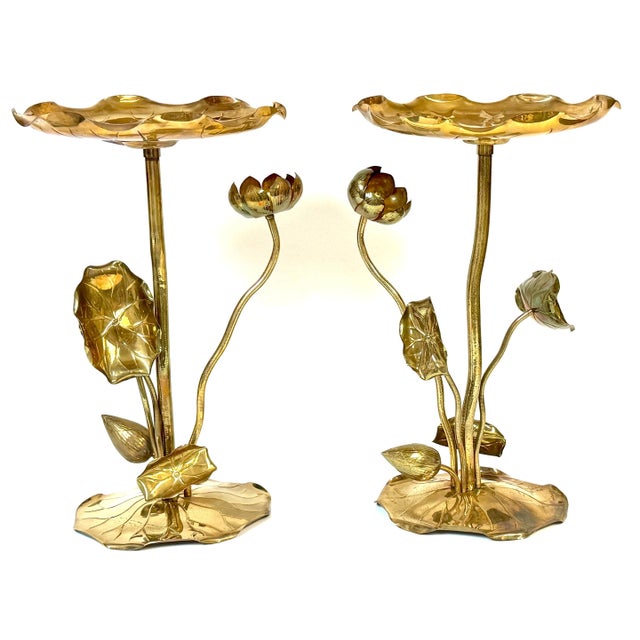 Pair of Carole Stupell Brass Lotus Lily Pad Side Tables, Hong Kong, Circa 1970 The pair of Carole Stupell brass lotus lily...