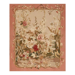 Rug & Kilim's European Cream Pink and Green Wool Floral Tapestry For Sale