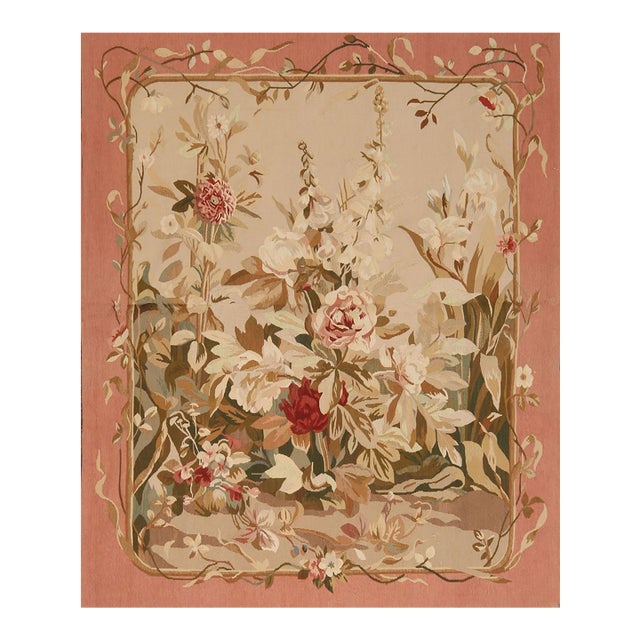 Rug & Kilim's European Cream Pink and Green Wool Floral Tapestry For Sale