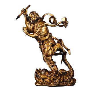 Late 20th Century Gilt Bronze Figure of Kui Xing Standing on a Dragon-Turtle For Sale