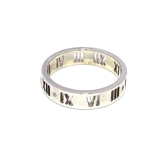 Mid 20th Century Mid 20th Century Tiffany & Co. 18k White Gold Diamond Atlas Roman Numerals Band, Size 9 For Sale - Image 5 of 9