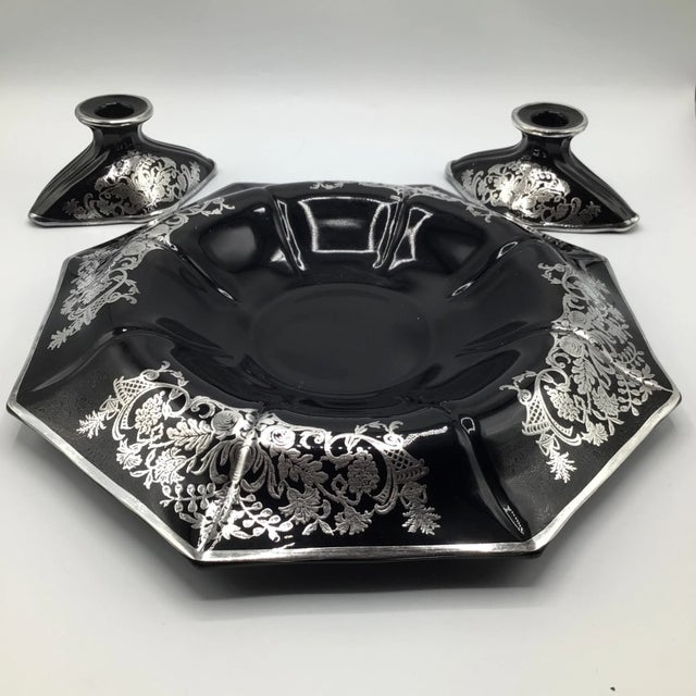 Early 20th Century Rockwell Floral Sterling Silver Black Amethyst Footed Glass Bowl and Pair of Candle Holders-Set of 3 For Sale - Image 13 of 13