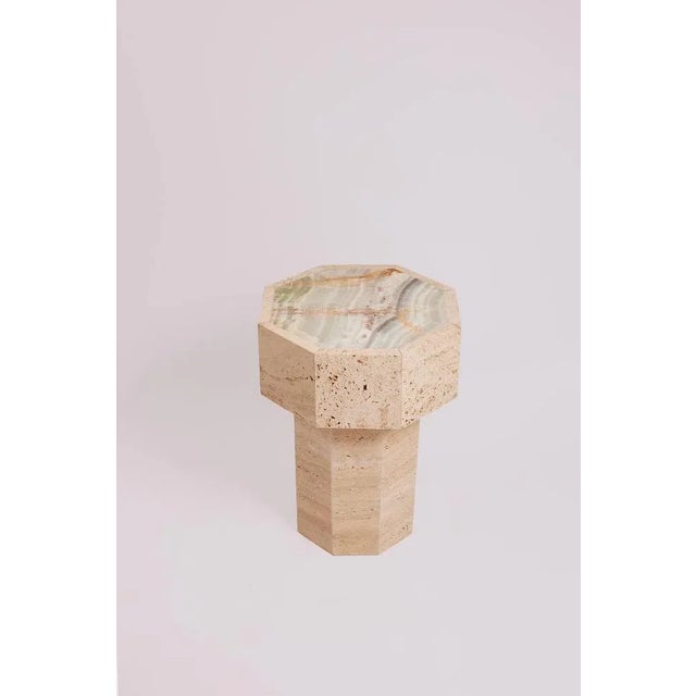 Exotic Onyx Gisele Side Table by Studio Gaia Paris Dimensions: ⌀ 39 x H 50 cm Materials: Exotic Onyx and Travertine The...