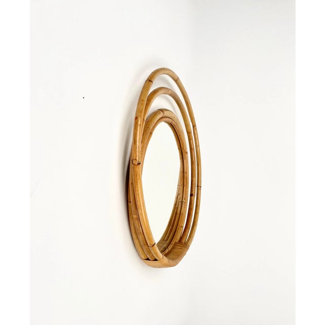 Mid-Century Italian Three Level Round Bamboo & Rattan Wall Mirror, 1960s For Sale - Image 9 of 14