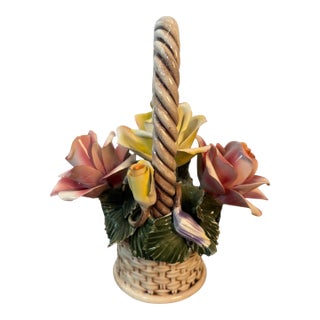 Vintage Italian Capodimonte Floral Basket With Twisted Handle For Sale
