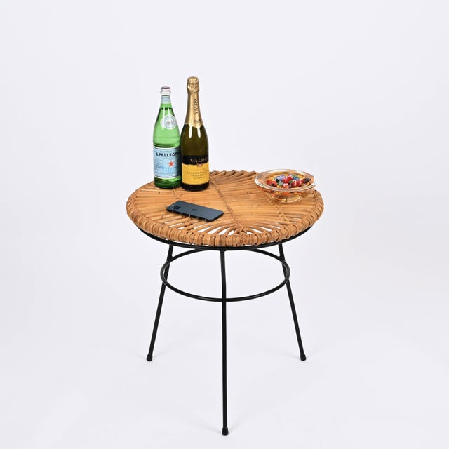 Wood French Riviera Rattan, Wicker and Iron Coffee Table by Roberto Mango, Italy, 1960s For Sale - Image 7 of 14