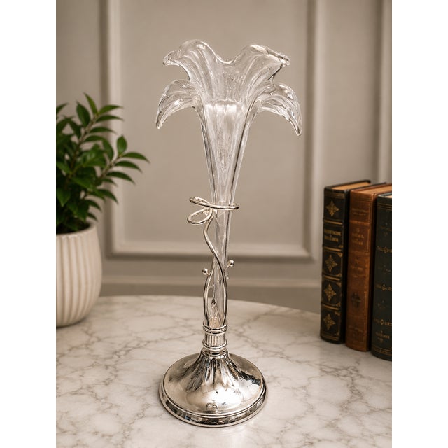 1990s Vintage Hand Blown Art Glass Lily Vase With Silver Plated Stand | 15" Sculptural Floral Bud Vase | Elegant Home Decor For Sale - Image 5 of 6