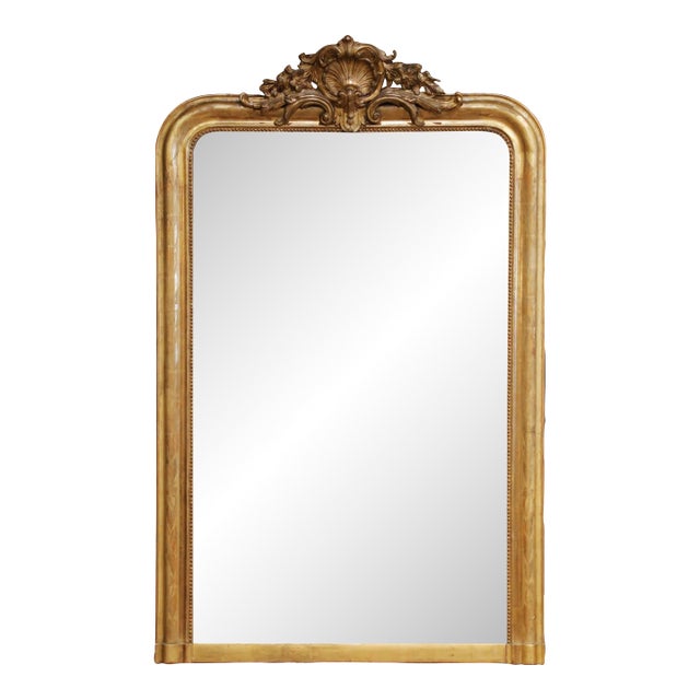 19th Century French Louis Philippe Giltwood Mantel Mirror With Carved Crest For Sale