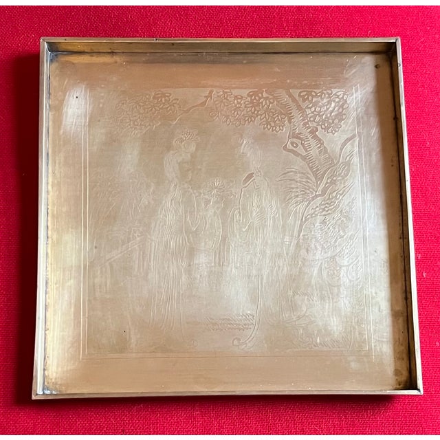 Metal Antique Early 20th Century Japanese Meiji Period Square Brass Tray With Etched Court Scene For Sale - Image 7 of 17