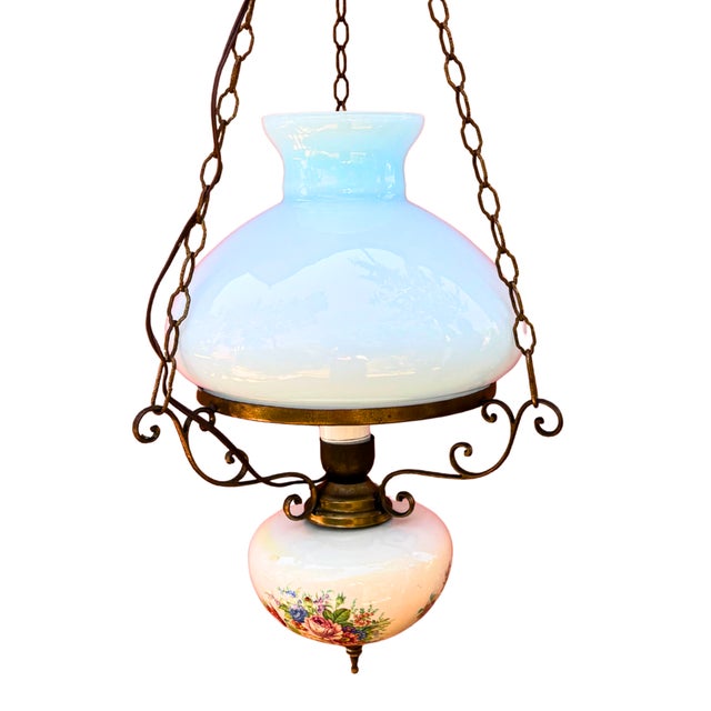 French Blue Opaline Hanging Lamp with Floral Decorated Reservoir in Brass and Opaline Glass, 1940s For Sale - Image 4 of 5