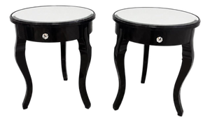 Pair of Vintage Black Lacquer Round Side Tables With Beveled Mirrored Tops, Ralph Lauren Mayfair Style
