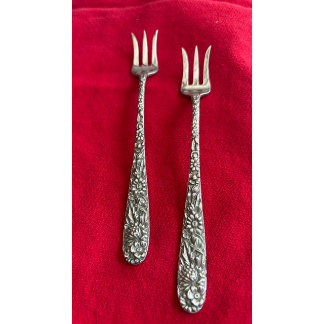 Perfect pair of Kirk and Son oyster forks. Sterling, with beautiful floral elegant Repousse design. Are sure to enhance...