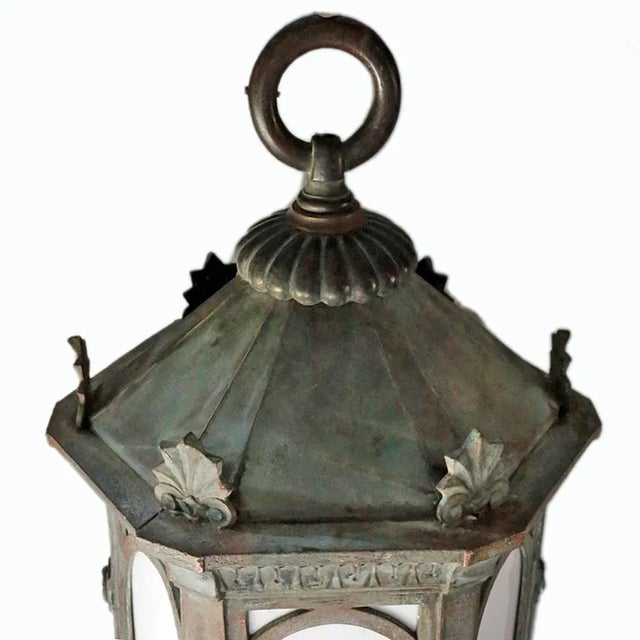 Large early 20th century, traditional copper, hexagonal hanging lantern. This impressive exterior pendant lantern has a...