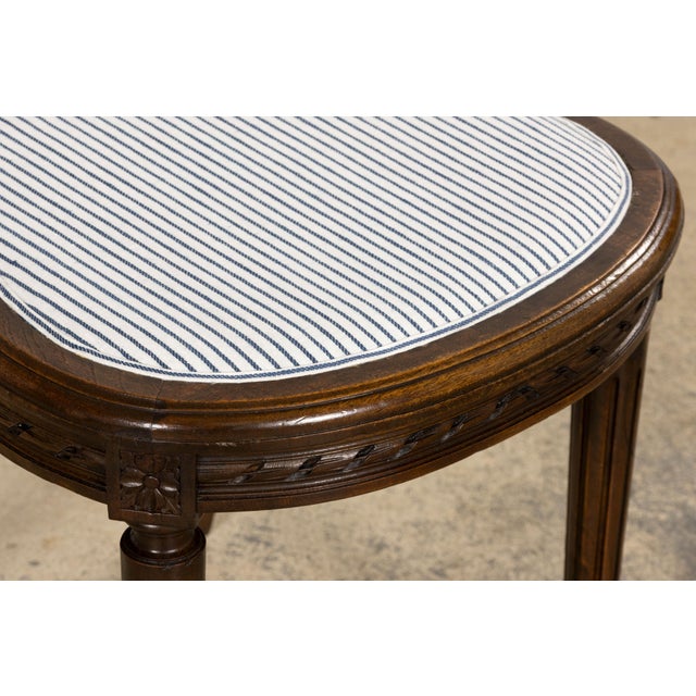 French Louis XVI Style Walnut Dining Chairs, Blue Striped Linen Upholstery – Set of 6 For Sale - Image 17 of 18