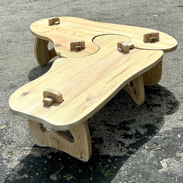 Vintage Boho Bleached Pine Puzzle Coffee Table For Sale In West Palm - Image 6 of 12
