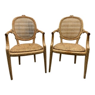 Vintage Pair of French Faux Bois Chairs With Rush Seating and Caned Backs For Sale