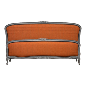 Late 20th Century French Louis XV–Style Upholstered Bed Frame in Blue-Gray With Burnt Orange Plaid + New Frame