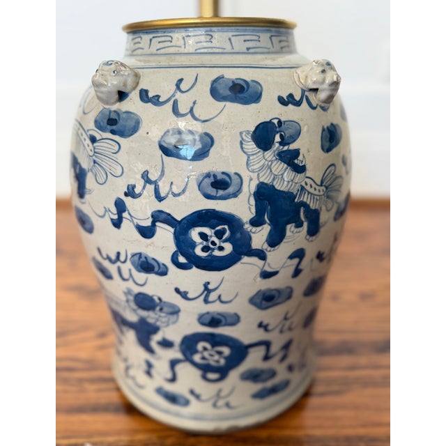 Chinoiserie Chinoiserie Hand Painted Ceramic Ginger Jar Lamp With Blue Dragons For Sale - Image 3 of 8
