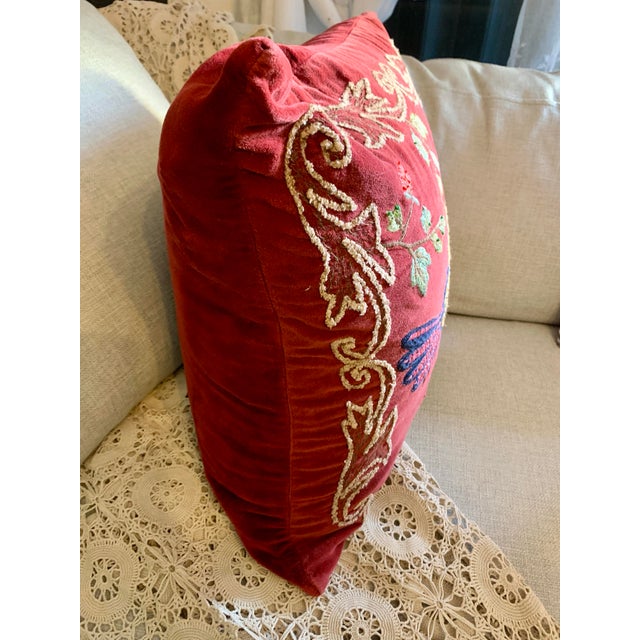 Pottery Barn Flowers Bird Decorative Pillow Red Velvet Fabric Beaded 20” X 20” For Sale In Miami - Image 6 of 12