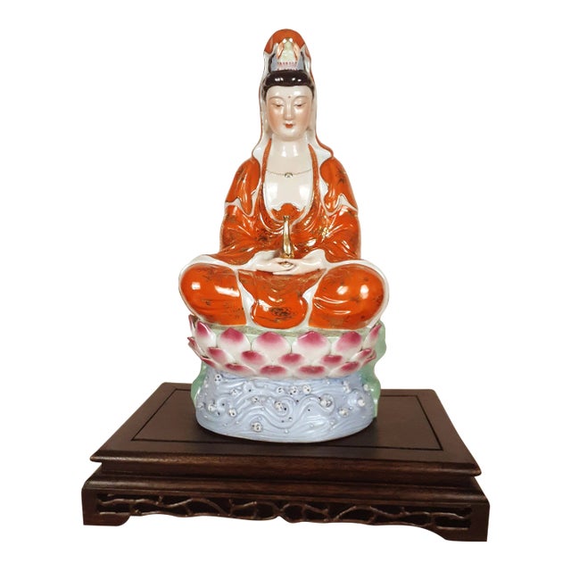Mid Century Chinese Polychrome Glazed Porcelain Seated Kuan Yin on a Lotus Throne For Sale