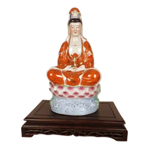 Mid Century Chinese Polychrome Glazed Porcelain Seated Kuan Yin on a Lotus Throne