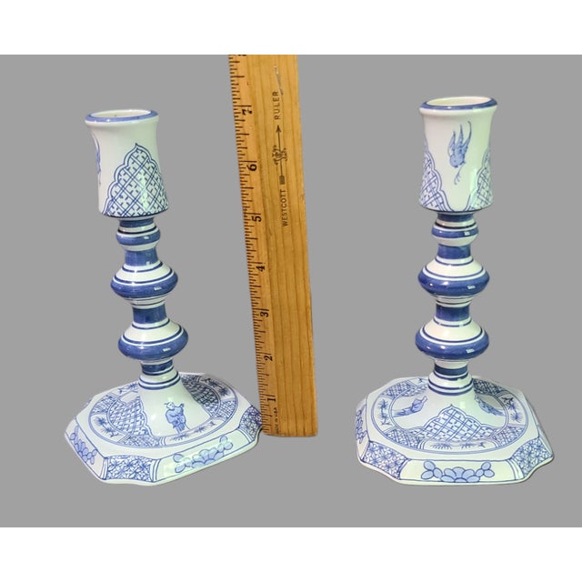 Ceramic Vintage Pair of Delft Royal Goedewoagen Blue & White Candlesticks Holland For Sale - Image 7 of 9