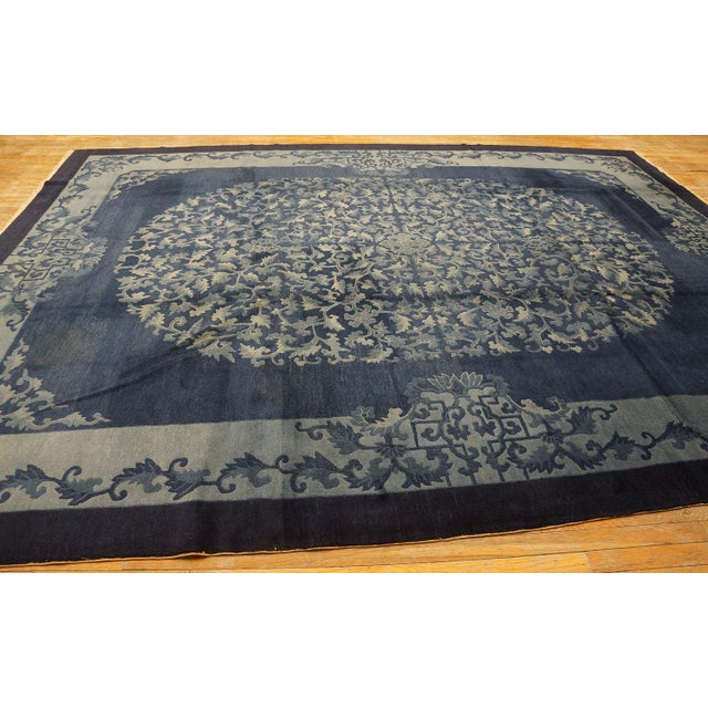 1920s Deco Blue Field and Elegant Floral-Medallion Antique Chinese Peking Rug For Sale - Image 10 of 11