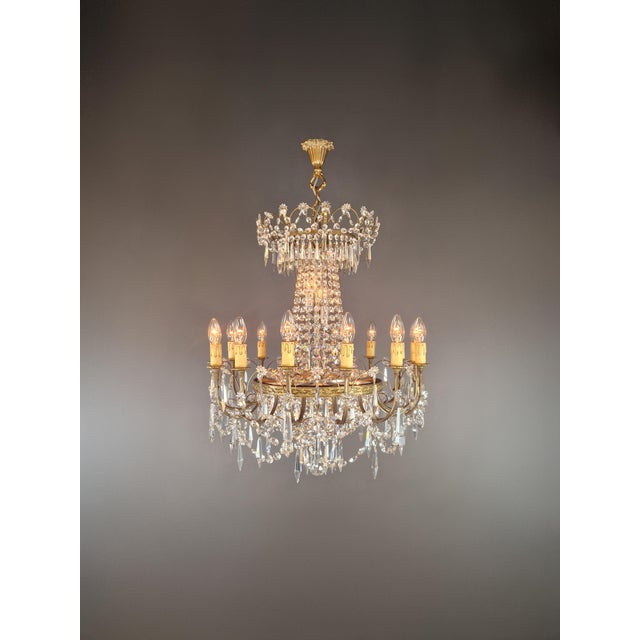 Art Deco 1950s Empire Brass Chandelier Crystal Lustre Ceiling Light For Sale - Image 3 of 12