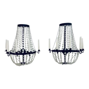 Pair of French Crystal Beaded Basket Sconces