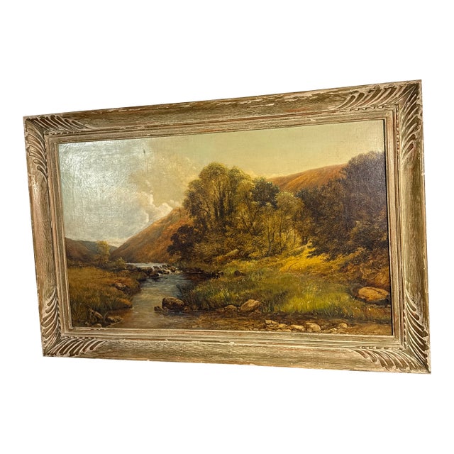 Vintage Rustic River Scene Landscape Oil Painting on Canvas ~ Signed For Sale