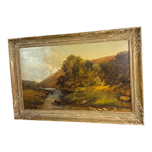 Vintage Rustic River Scene Landscape Oil Painting on Canvas ~ Signed